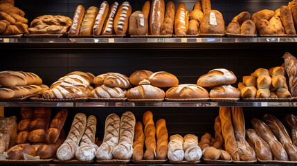 The quaint bakery shelves showcase an exquisite variety of bread, a true feast for the senses.