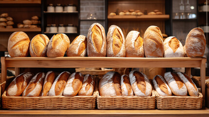 The quaint bakery shelves showcase an exquisite variety of bread, a true feast for the senses.