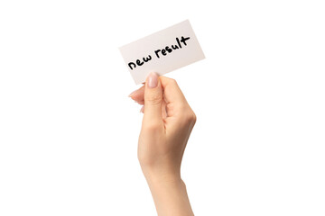 New mindset - new result  text on a card in a woman hand.