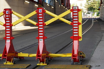 Red strong mobile anti vehicle barrier using to protect festival visitors from terrorist attacks with vehicle. It is part of a comprehensive security plan in Zurich.