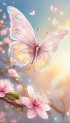 Fototapeta na wymiar Butterfly with Cherry Blossom flowers - Generative AI