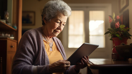 An elderly woman uses tablet. Created with Generative AI technology.