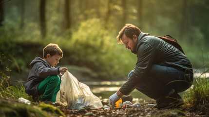 Naklejka na ściany i meble Father and son clear the forest of garbage by collecting it in bags