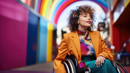 Beautiful young woman in a wheelchair smiles against a bright multi-colored background. - obrazy, fototapety, plakaty