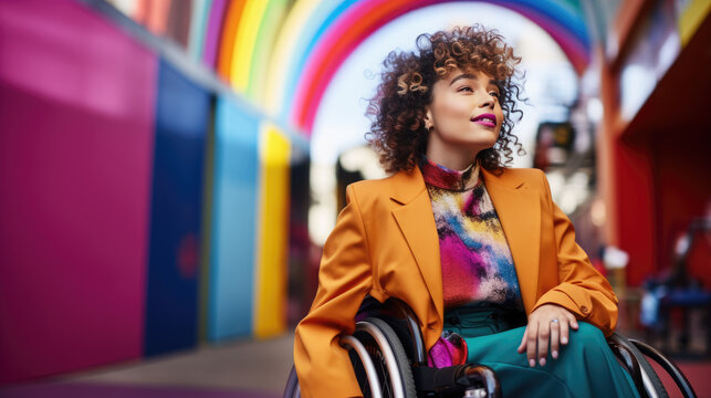 Beautiful young woman in a wheelchair smiles against a bright multi-colored background.