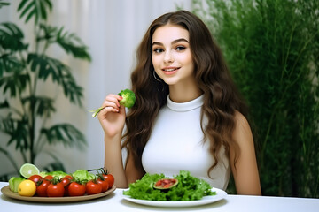 Young woman eating healthy food and sitting in the dining room decorated with green plants