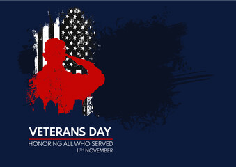 Veterans day poster. Veteran's day illustration with american flag and soldier, 11th November, Vector illustration, banner, post