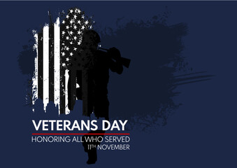 Veterans day poster. Veteran's day illustration with american flag and soldier, 11th November, Vector illustration, banner, post