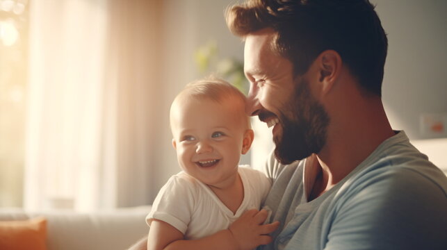 Portrait of a smiling loving dad with a cute happy baby at home. Happy father hugging little son at home. Generative ai