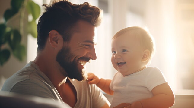 Portrait of a smiling loving dad with a cute happy baby at home. Happy father hugging little son at home. Generative ai