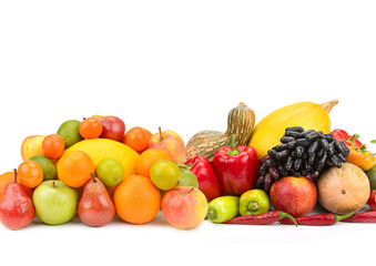 Set of vegetables and fruits isolated on white. Collage. Free space for text.
