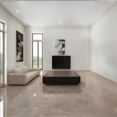 Living room design: premium marble floor, luxury furniture, distinctive window