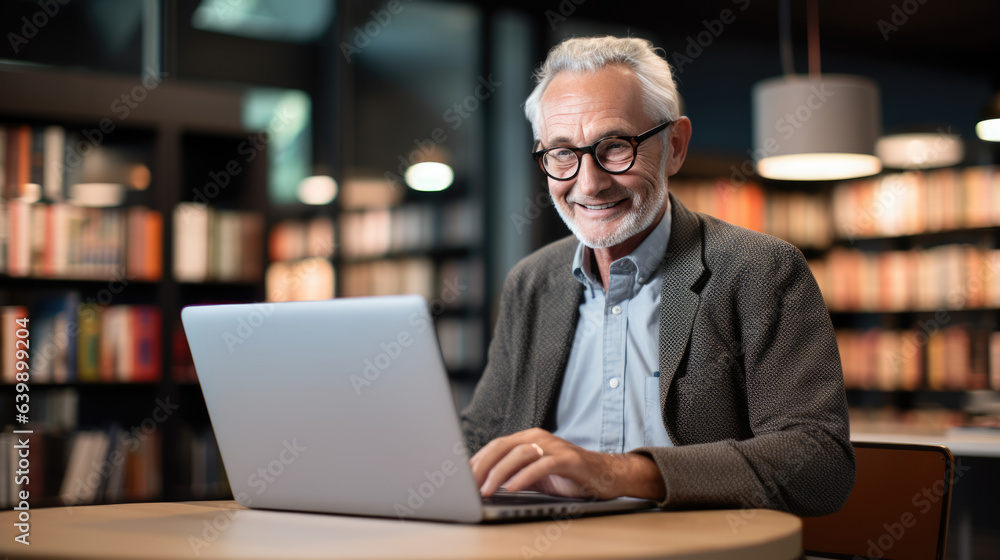 Poster senior professor sits in the university library with a laptop, preparing for a lecture
