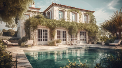 luxurious mediterranean home, outdoor living concept with private oasis, traditional white house with swimming pool, fictional architecture.