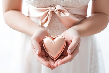 Beautiful female hands holding a heart-shaped box with a ribbon. Love, romance and Valentine's Day concepts