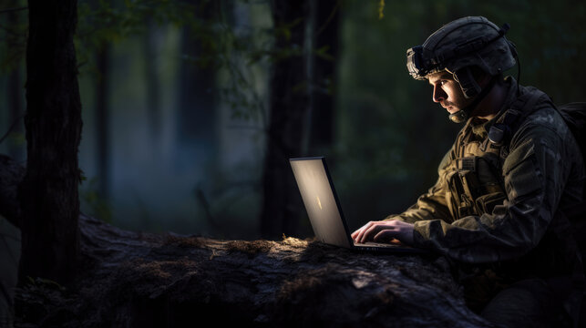 Soldier Using Laptop Computer During Military Operation in the Forest.