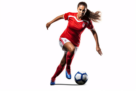 Female soccer star gracefully heel-kicking a ball against a white backdrop..