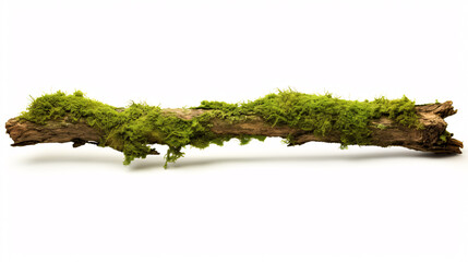 Lush moss on a deteriorating branch, set against a white background. - obrazy, fototapety, plakaty
