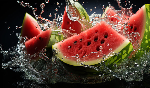 Realistic image of watermelon in splashing water. AI generated