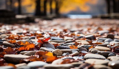 Stone floor covered with autumn foliage. AI generated