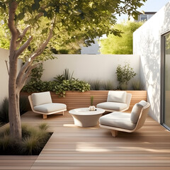 Sustainable Outdoor Oasis:
Modern and minimalist terrace that emphasizes sustainability, integrating eco-friendly materials, low-maintenance plantings, and efficient outdoor furniture. AI Generated