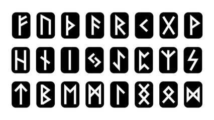 Runes set. Rune alphabet, futhark. Writing ancient Germans and Scandinavians. Mystical symbols. Esoteric, occult, magic. Fortune telling, predicting the future. Isolated.