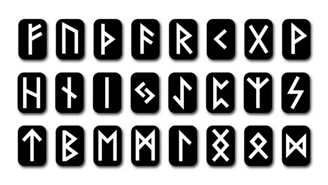 Set of Old Norse Scandinavian runes. Runic alphabet, futhark. Ancient occult symbols, vikings letters on white, rune font. Vector illustration with light texture.