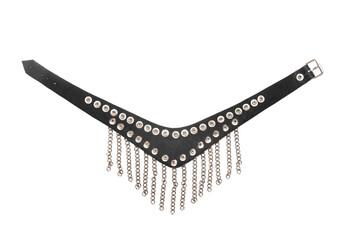 Black leather choker with chains and rivets isolated on the white background.