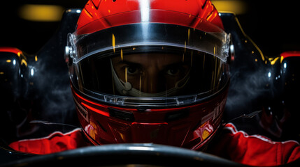 F1 pilot in the heart of his racing machine. The driver's focused gaze and the sleek lines of the F1 car merge to convey the intensity and precision of Formula 1 racing.