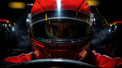 Foto op Plexiglas F1 pilot in the heart of his racing machine. The driver's focused gaze and the sleek lines of the F1 car merge to convey the intensity and precision of Formula 1 racing. © eugenegg