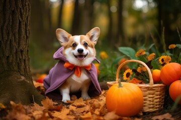 Cute corgi dog in Halloween costume sitting near pumpkins and candles outdoors. Halloween welsh corgi pembroke with pumpkiin