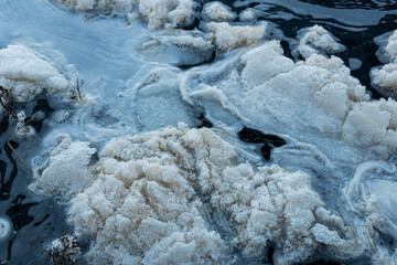 White icy snow on the water, textures of ice, water and snow