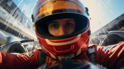 Skilled F1 pilot taking a dynamic selfie from the inside of their high-speed cockpit