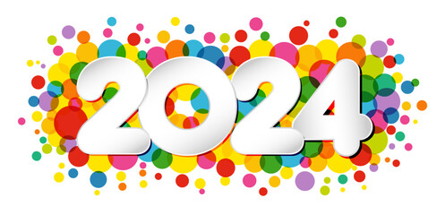 A Happy New Year 2024 horizontal banner. Decorative concept. Greeting card design. Creative colorful icon, modern white paper number 20 24. White background. Abstract texture with transparency.