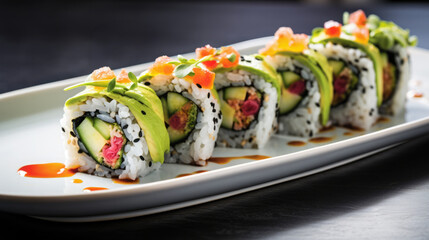 Vegan rolls sushi featuring fragrant basil, avocado, and pickled ginger