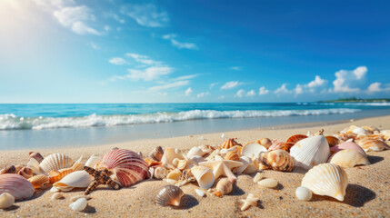 Fototapeta na wymiar Seashells on the sandy seashore close-up