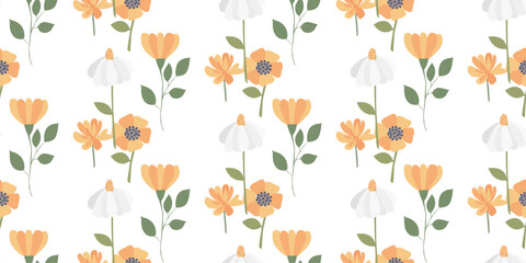 Seamless floral pattern of chamomile and calendula flowers. Ideal for printing on children's textiles. - obrazy, fototapety, plakaty