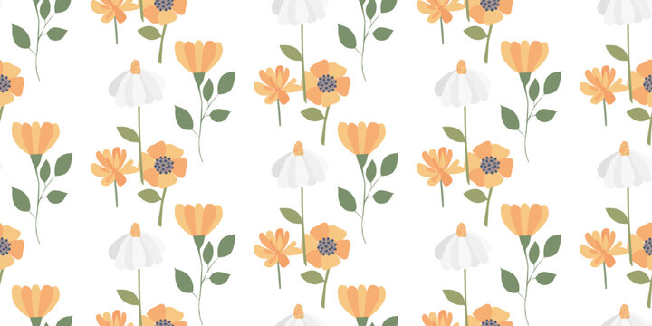 Seamless floral pattern of chamomile and calendula flowers. Ideal for printing on children's textiles.