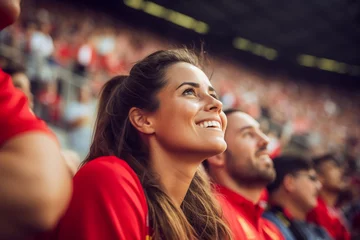 Foto op Plexiglas Aficionadas españolas de fútbol en un estadio de la Copa del Mundo celebrando el campeonato de la selección nacional de fútbol de España.  © DIVERSITY