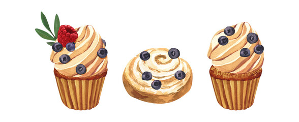 Watercolor dessert set, muffin with white cream, cupcake blueberry. Hand-drawn illustration isolated on white background.Perfect food menu, food drawing, design packing,bakery shop, cooking, tea party
