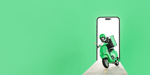3D Online food delivery service.carrier on freight scooter and delivery bag,Green and white color background.The motorcycle came out of the phone