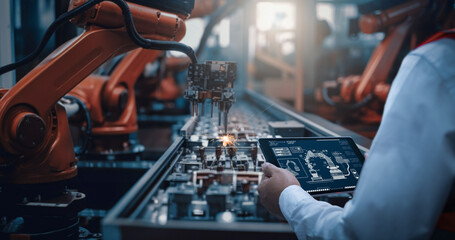 Engineers test the control of robot arm, Intelligent machine in factory industrial on real-time monitoring system software. Robots weld workpieces and produce industrial parts to reduce human labor