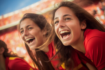 Aficionadas españolas de fútbol en un estadio de la Copa del Mundo celebrando el campeonato de la selección nacional de fútbol de España.
 - obrazy, fototapety, plakaty