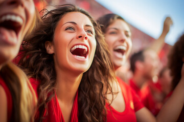 Aficionadas españolas de fútbol en un estadio de la Copa del Mundo celebrando el campeonato de la selección nacional de fútbol de España.
 - obrazy, fototapety, plakaty