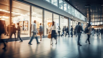 Blurred group of people go shopping in fast movement in mall