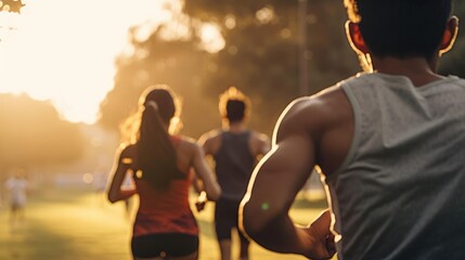 Close up back view of young runner people run in park in sunrise morning