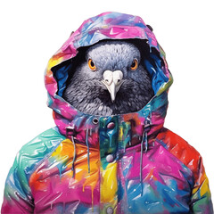 A striking print featuring a close-up of an ordinary pigeon in hood wearing a vibrant, multicolored jacket. This bird design is perfect for youth apparel, T-shirt etc.