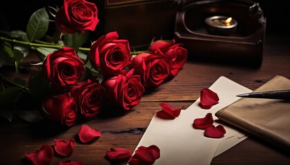 Fototapeta na wymiar Photo of a beautiful arrangement of red roses on a table