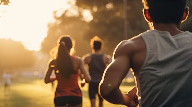 Close up back view of young runner people run in park in sunrise morning