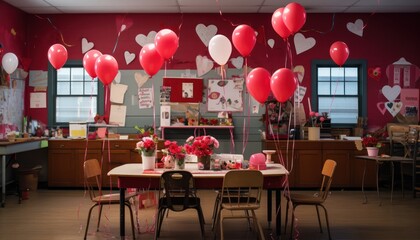 Photo of a colorful room filled with balloons and a table in the center